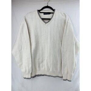 Carmel Mens Vintage Striped V Neck Sweater Cream Size L Made USA Golf Casual